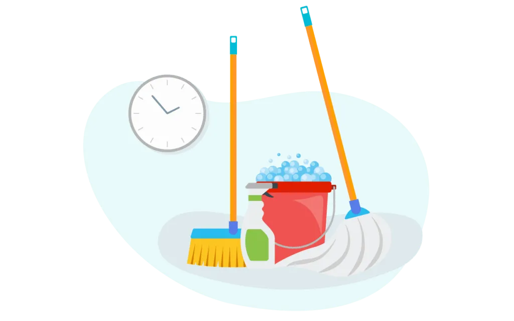 Illustration presenting cleaning supplies and a clock