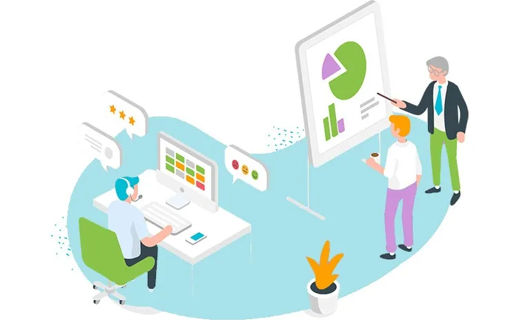 Illustration shows people analyzing customer feedback results